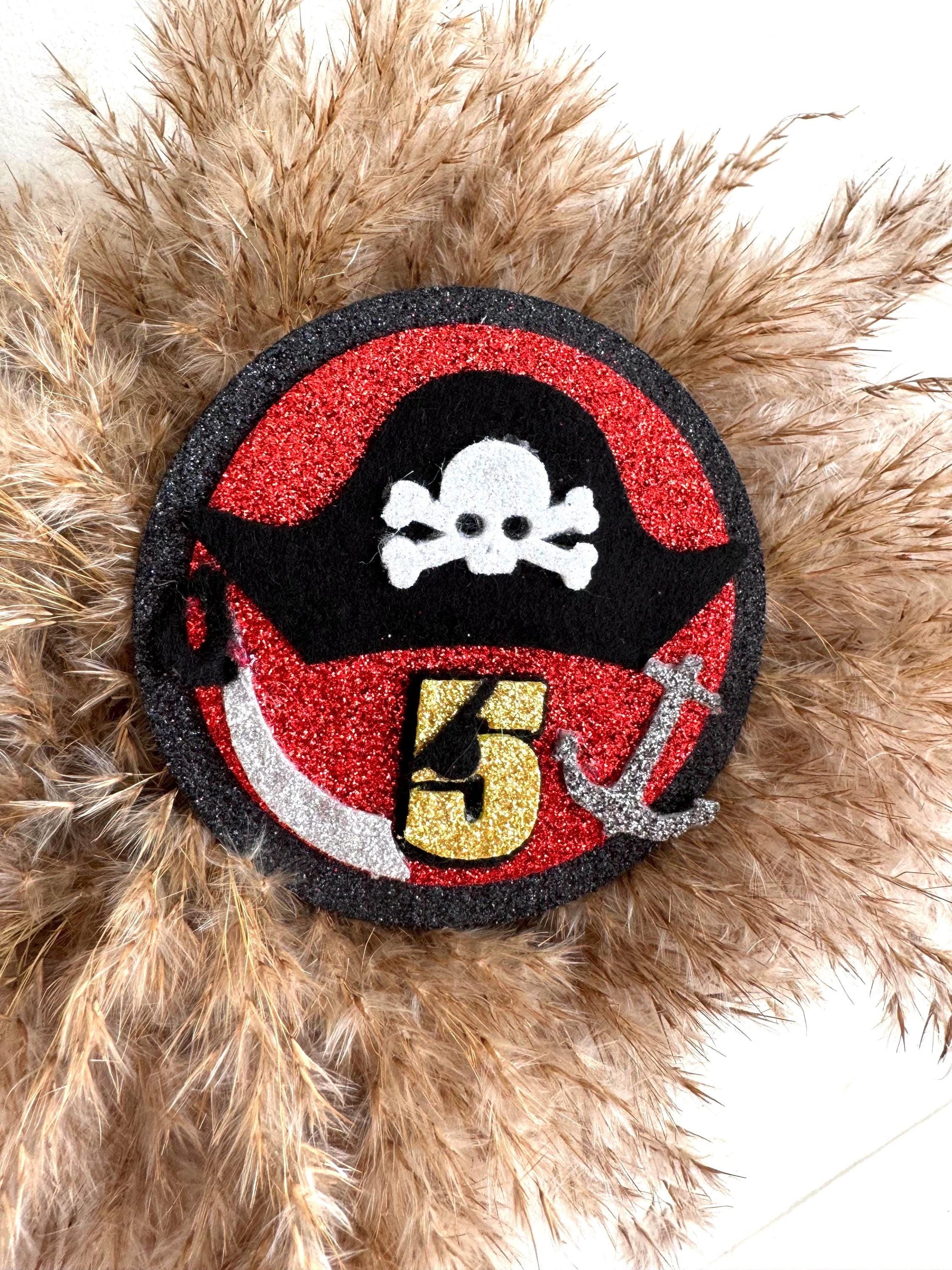 Pirate Birthday Badge for Kids Glittery Any Age Party Badge Pirate Theme Party Accessory  Handmade Birthday Pin  Boys Birthday Outfit Add-on