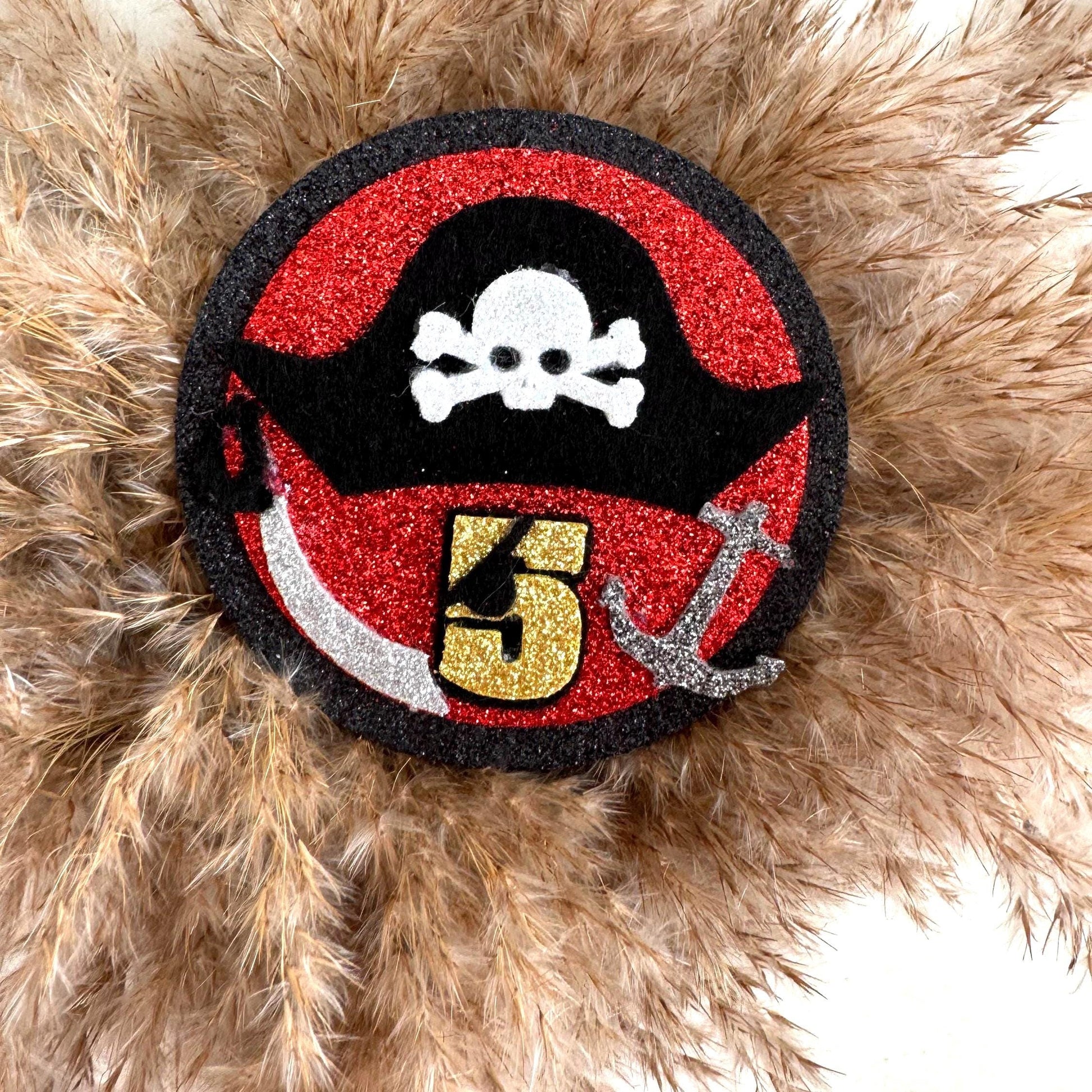 Pirate Birthday Badge for Kids Glittery Any Age Party Badge Pirate Theme Party Accessory  Handmade Birthday Pin  Boys Birthday Outfit Add-on