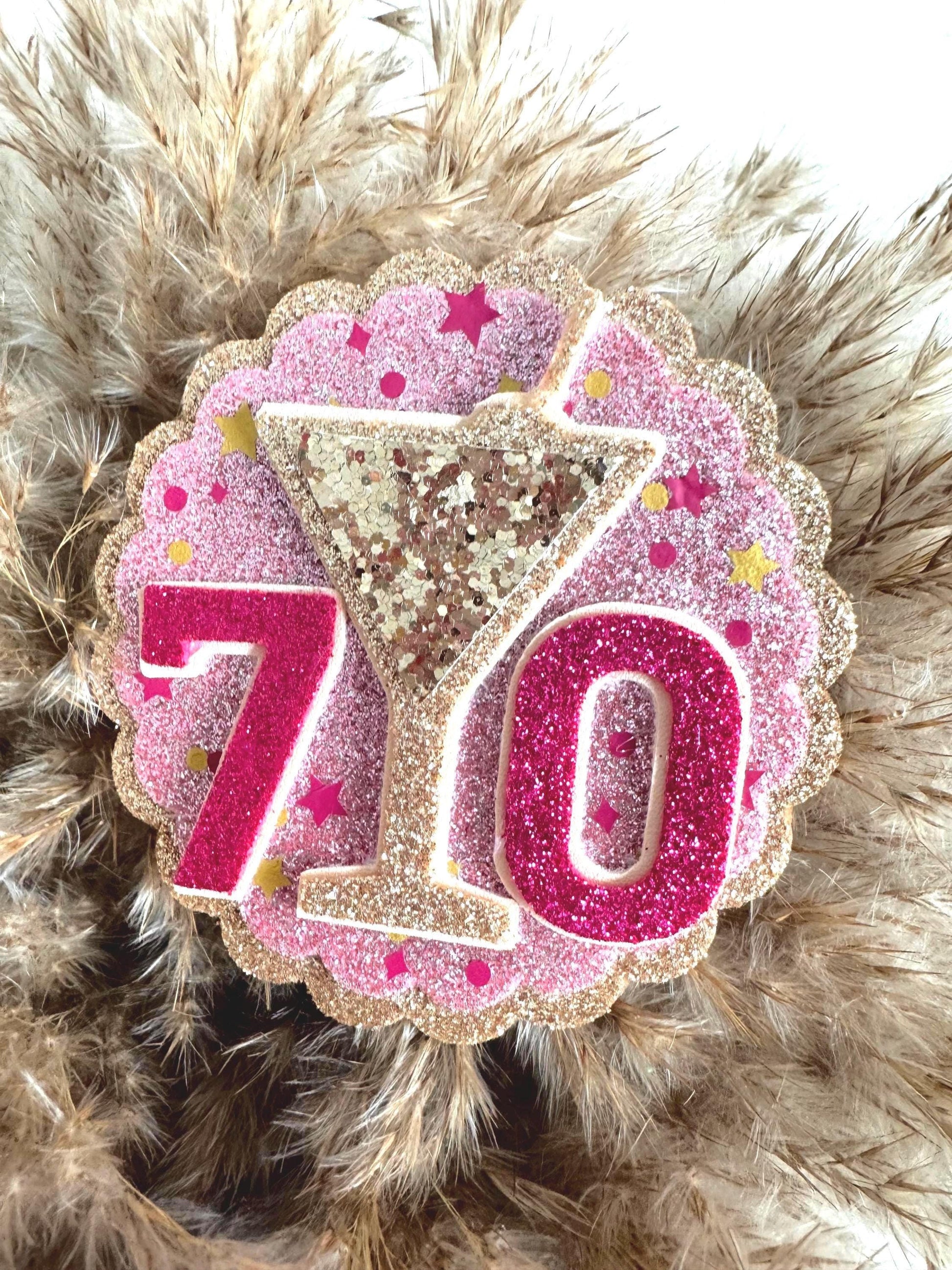 Any Age | 70th Birthday Badge | Pink & Gold Glitter Party Decoration | Cocktail Theme Birthday Pin | Seventieth Birthday Gift Idea