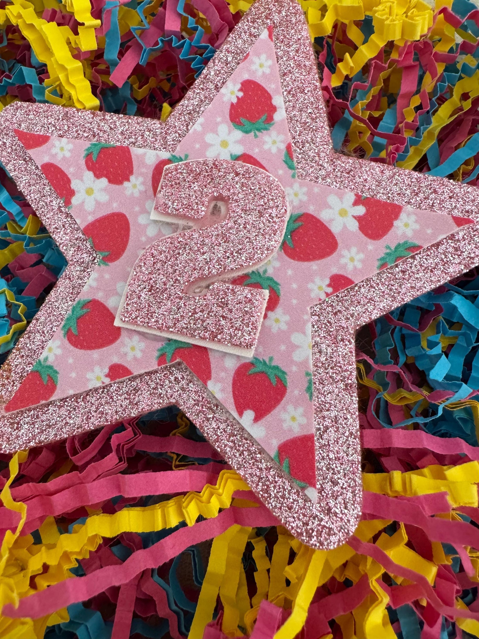 Strawberry and daisy birthday sparkle glitter star badge two berry all ages