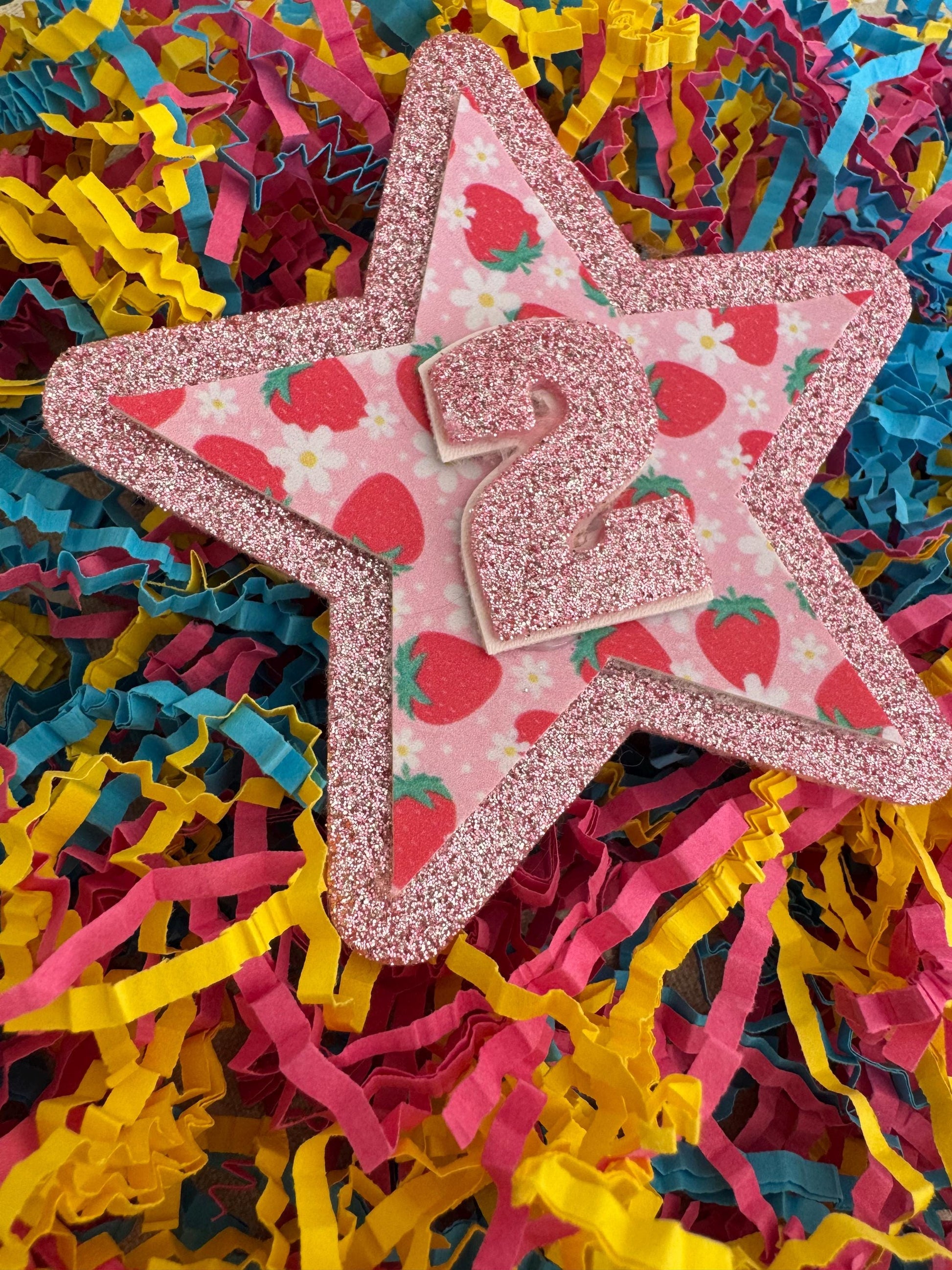 Strawberry and daisy birthday sparkle glitter star badge two berry all ages