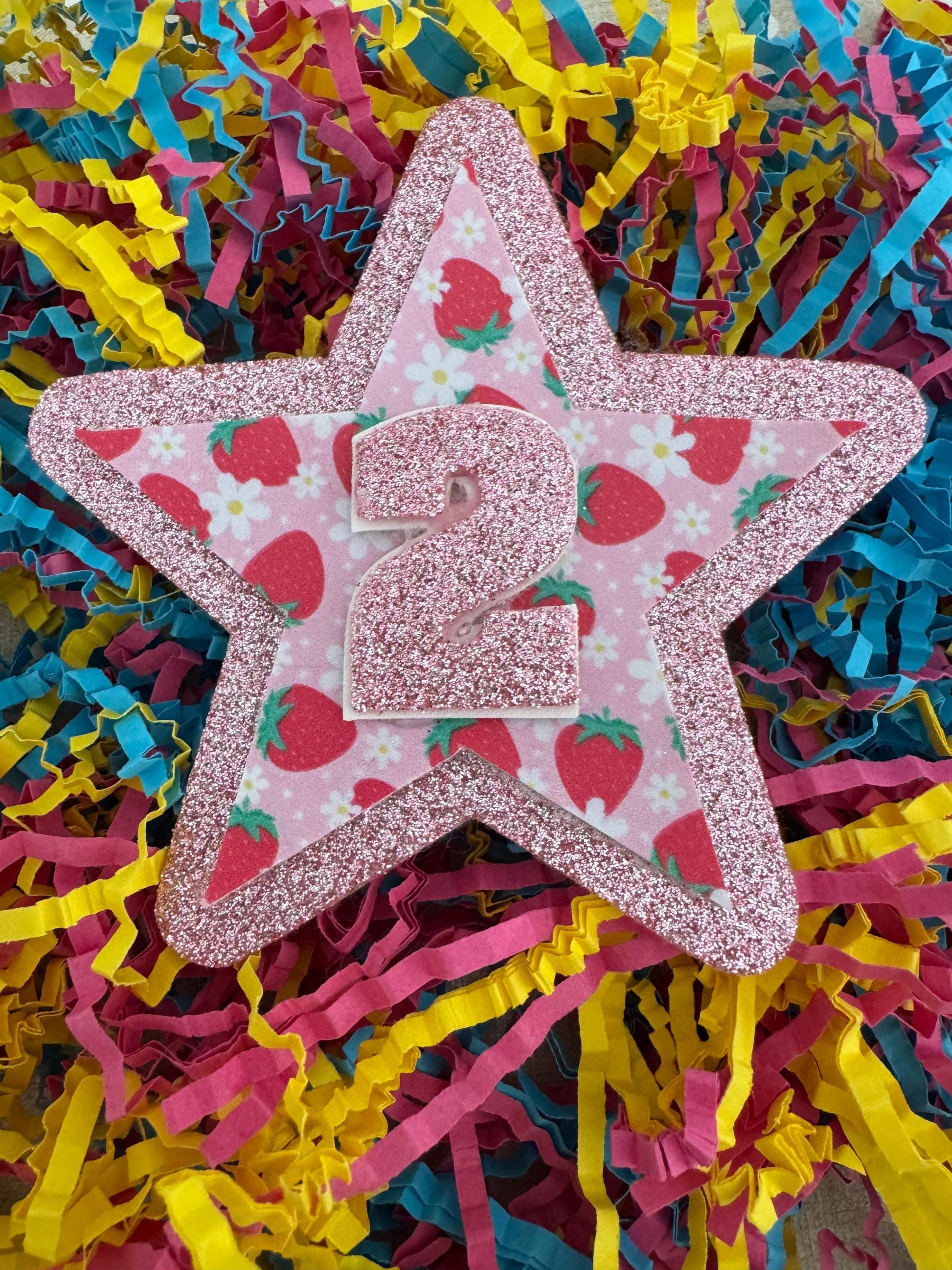 Strawberry and daisy birthday sparkle glitter star badge two berry all ages