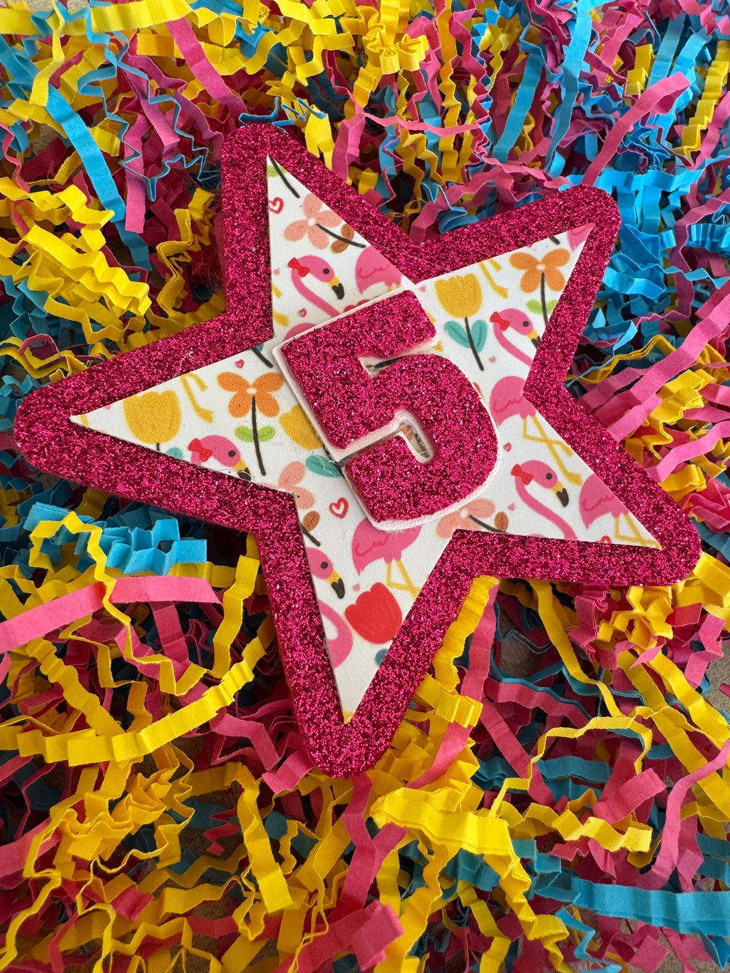 Flamingo and flowers hot pink birthday sparkle glitter star badge all ages