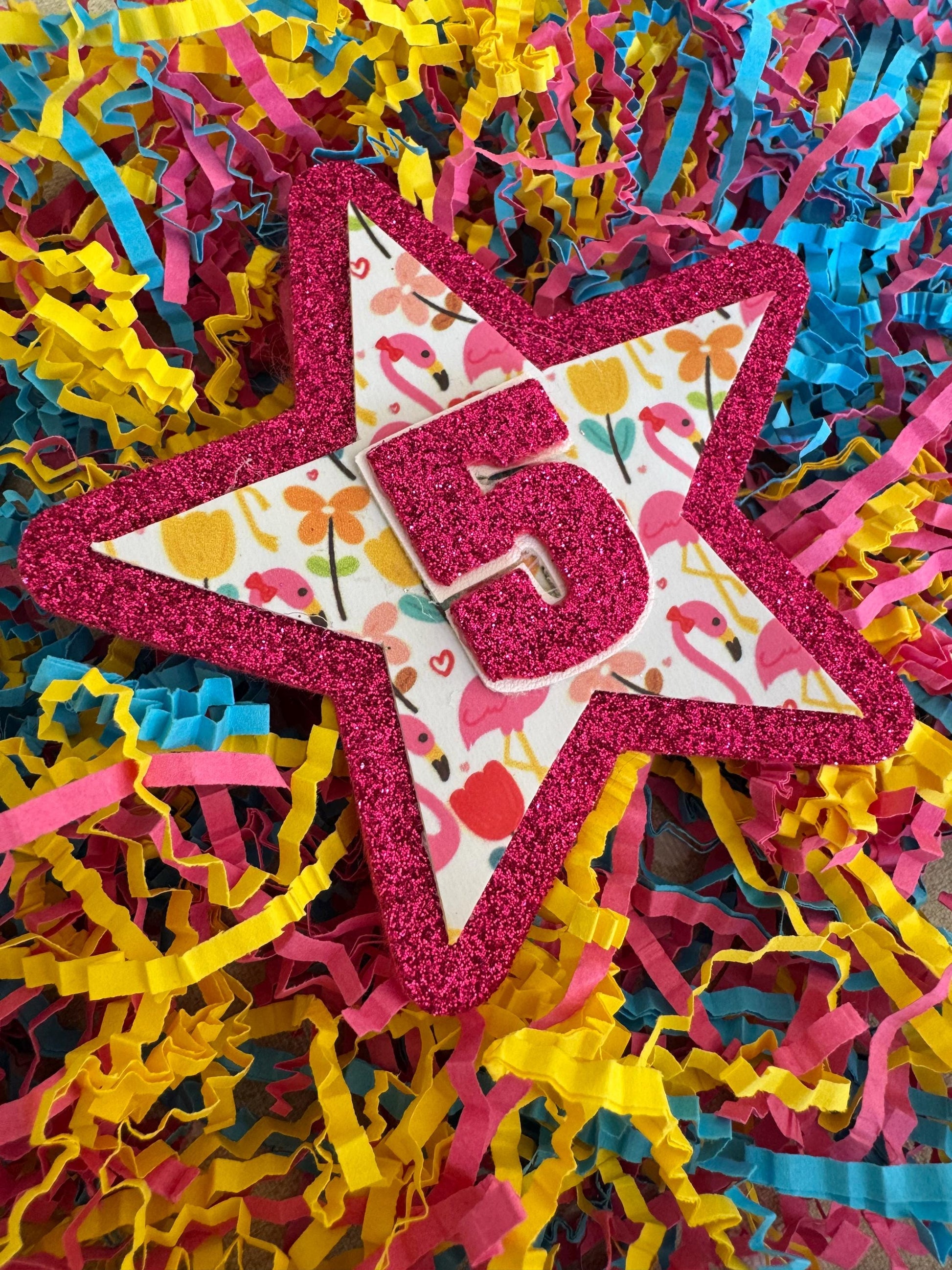 Flamingo and flowers hot pink birthday sparkle glitter star badge all ages