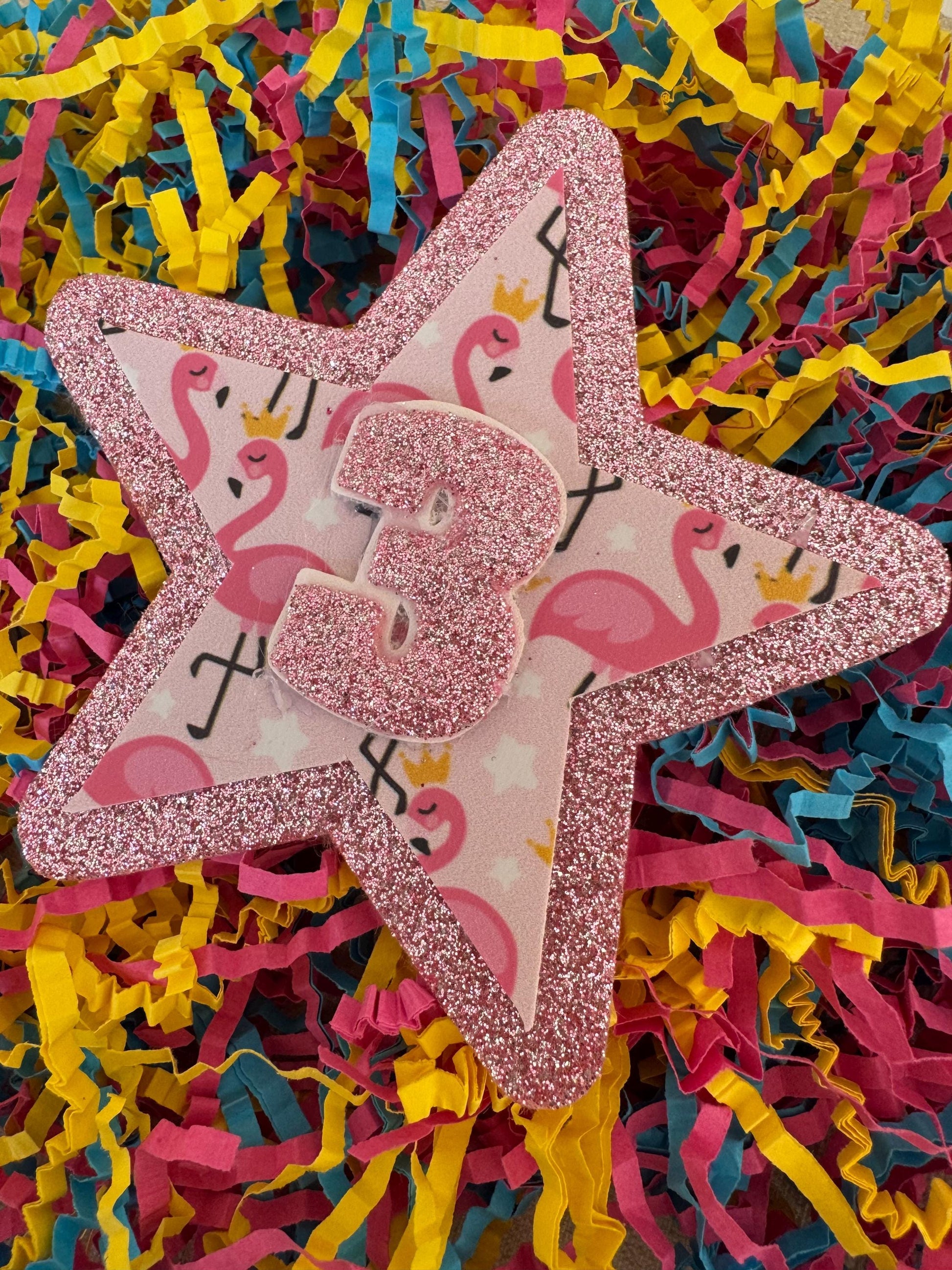 Flamingo baby pink birthday sparkle glitter star badge all ages