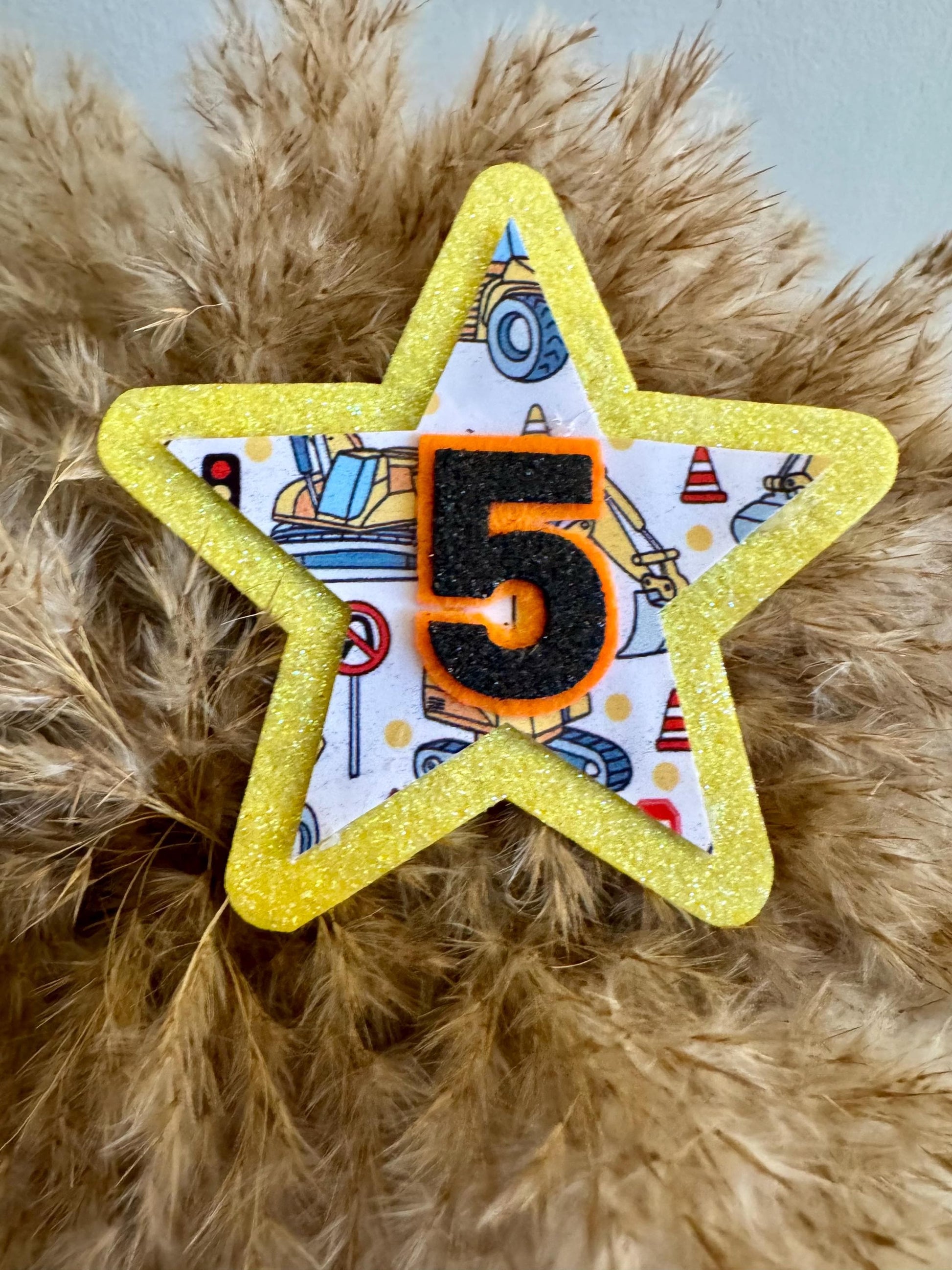Construction Diggers Birthday Badge – Glitter Star Any Age Party Accessory – Boys Birthday Outfit – Construction Party Decoration - ANY AGE