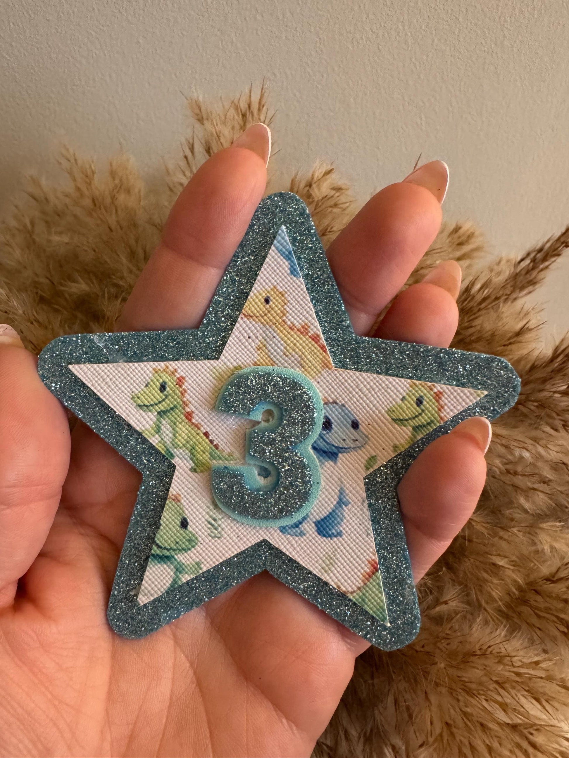 Dinosaur Birthday Badge - Boys 3rd Birthday Party Pin - Blue Glitter Star Birthday Button - Dino Party Outfit Accessory