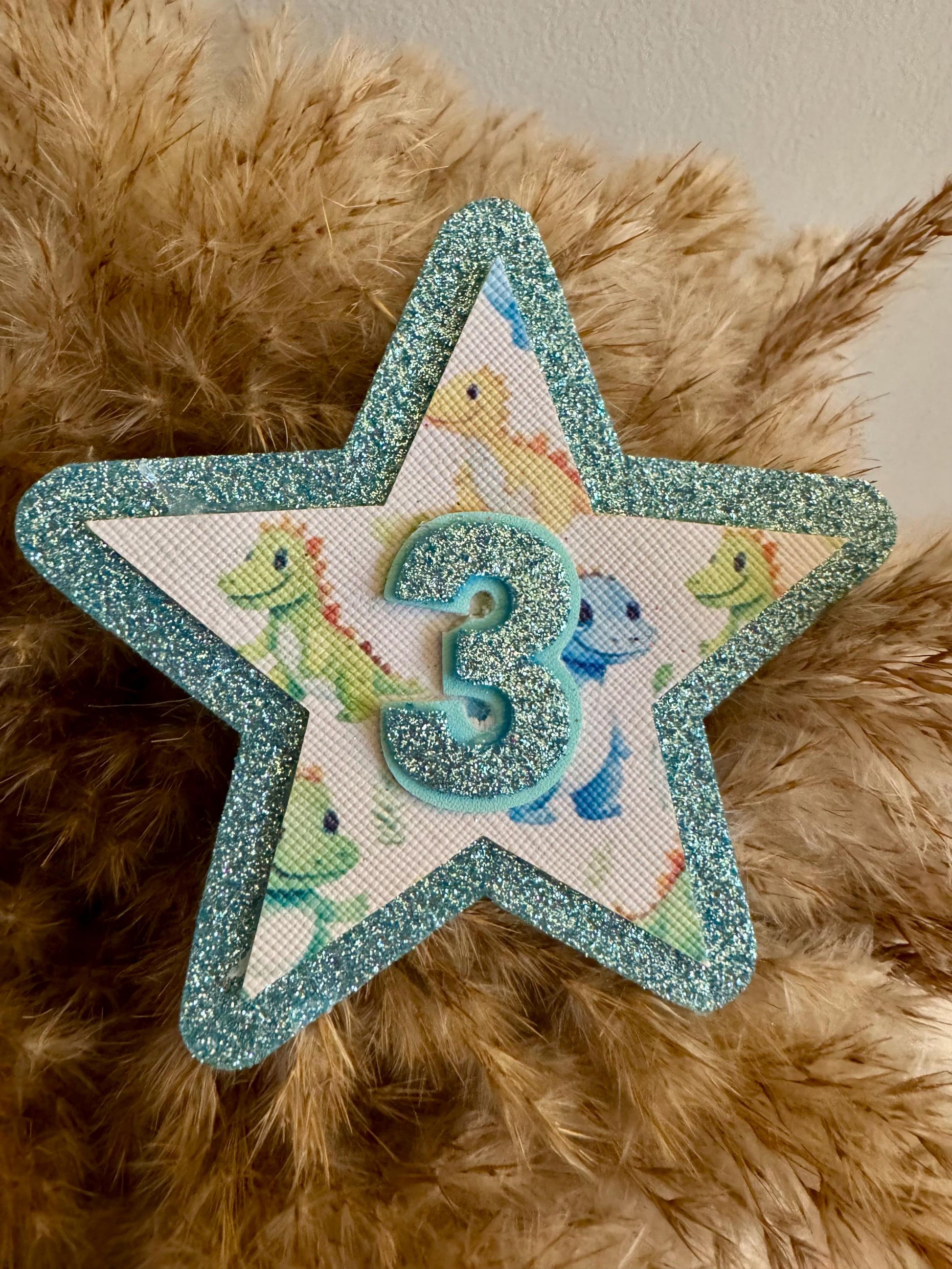 Dinosaur Birthday Badge - Boys 3rd Birthday Party Pin - Blue Glitter Star Birthday Button - Dino Party Outfit Accessory