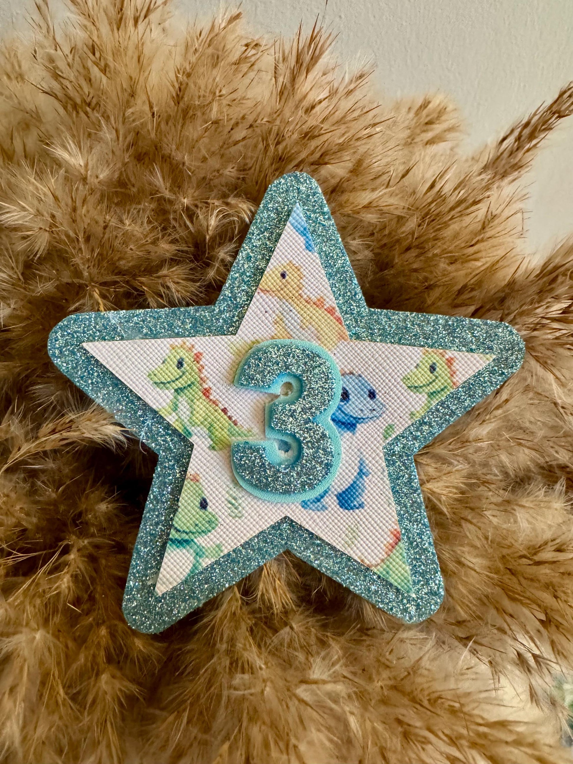 Dinosaur Birthday Badge - Boys 3rd Birthday Party Pin - Blue Glitter Star Birthday Button - Dino Party Outfit Accessory