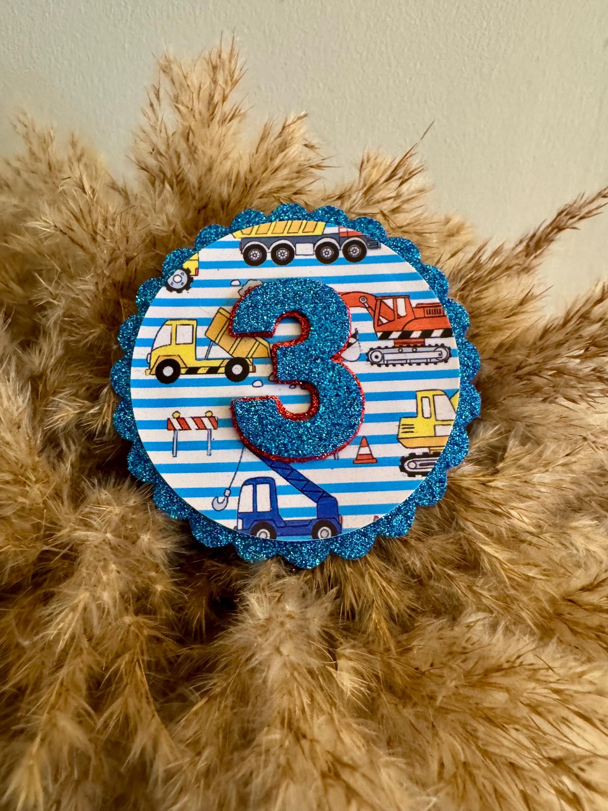 Truck Theme Birthday Badge - Boys Third Birthday Pin - Blue Glitter Construction Party Favor - ANY AGE digger birthday badge
