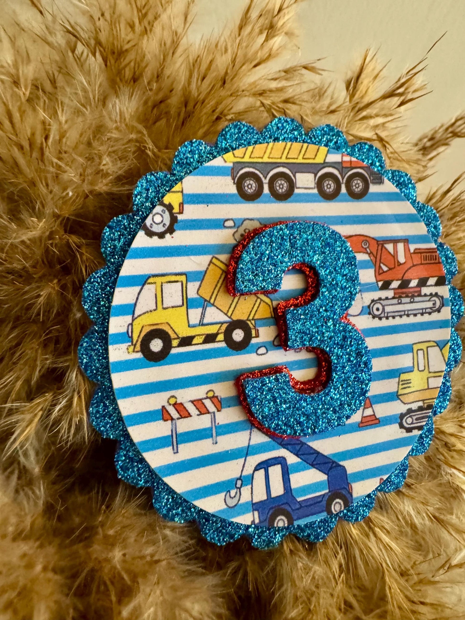 Truck Theme Birthday Badge - Boys Third Birthday Pin - Blue Glitter Construction Party Favor - ANY AGE digger birthday badge