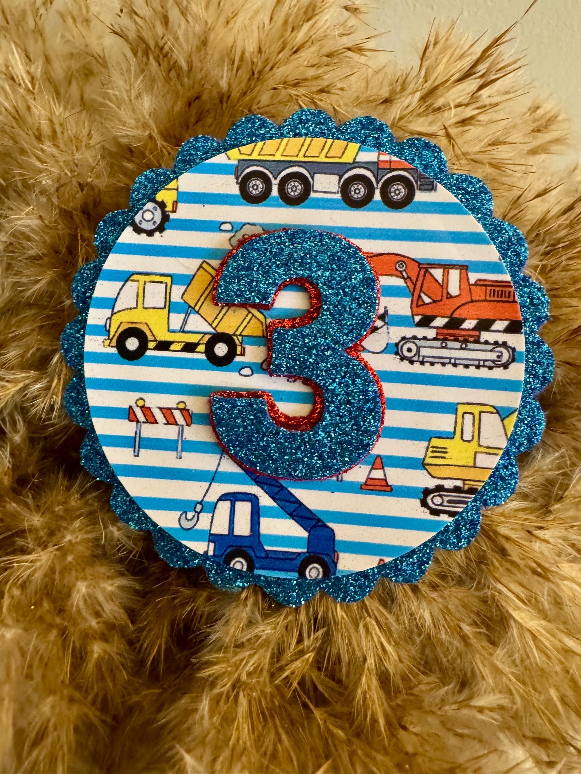 Truck Theme Birthday Badge - Boys Third Birthday Pin - Blue Glitter Construction Party Favor - ANY AGE digger birthday badge