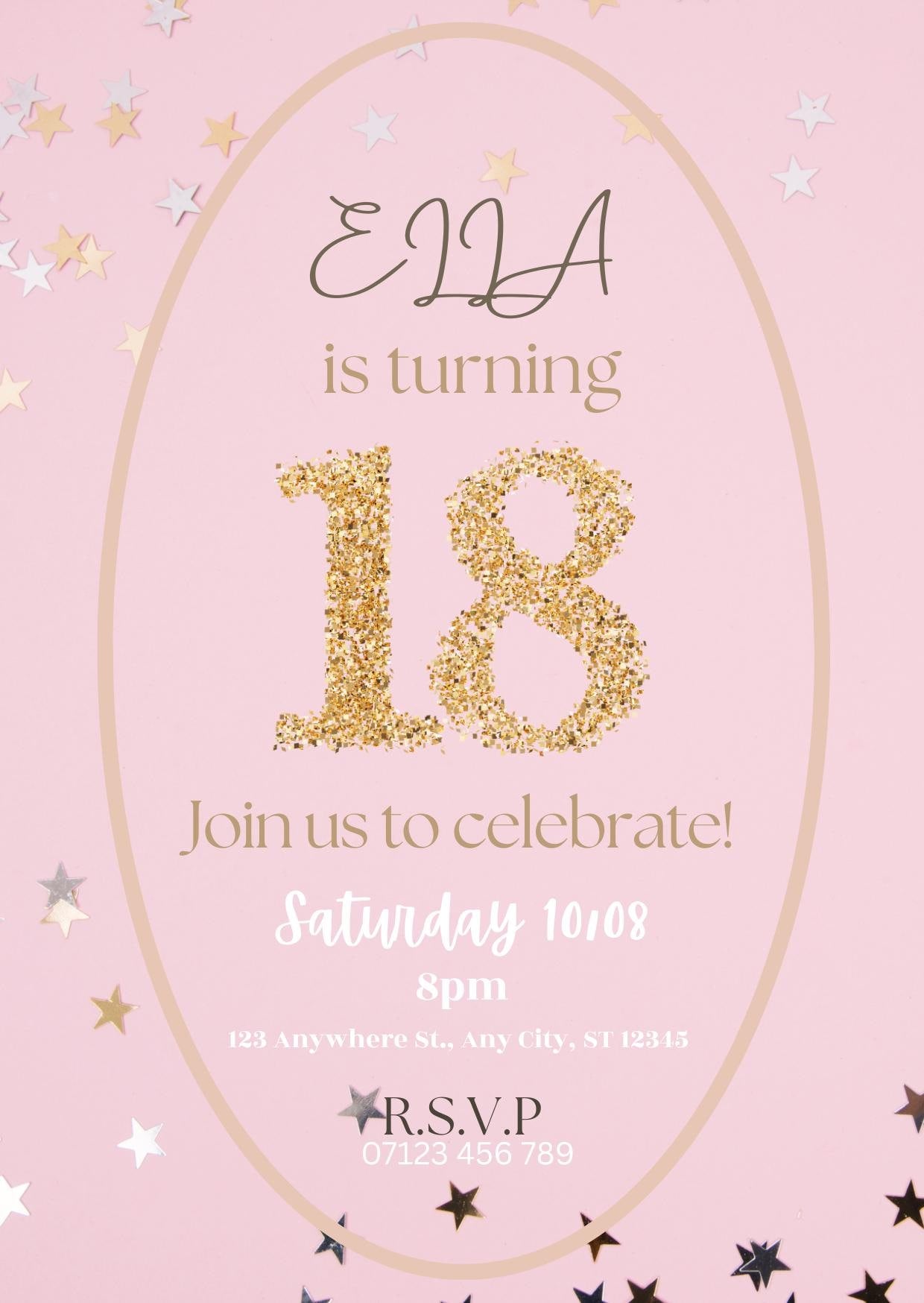 Editable 18th Birthday Invitation | Pink & Gold Glitter | Instant Download | Girl’s Birthday Party Invite | Canva Template