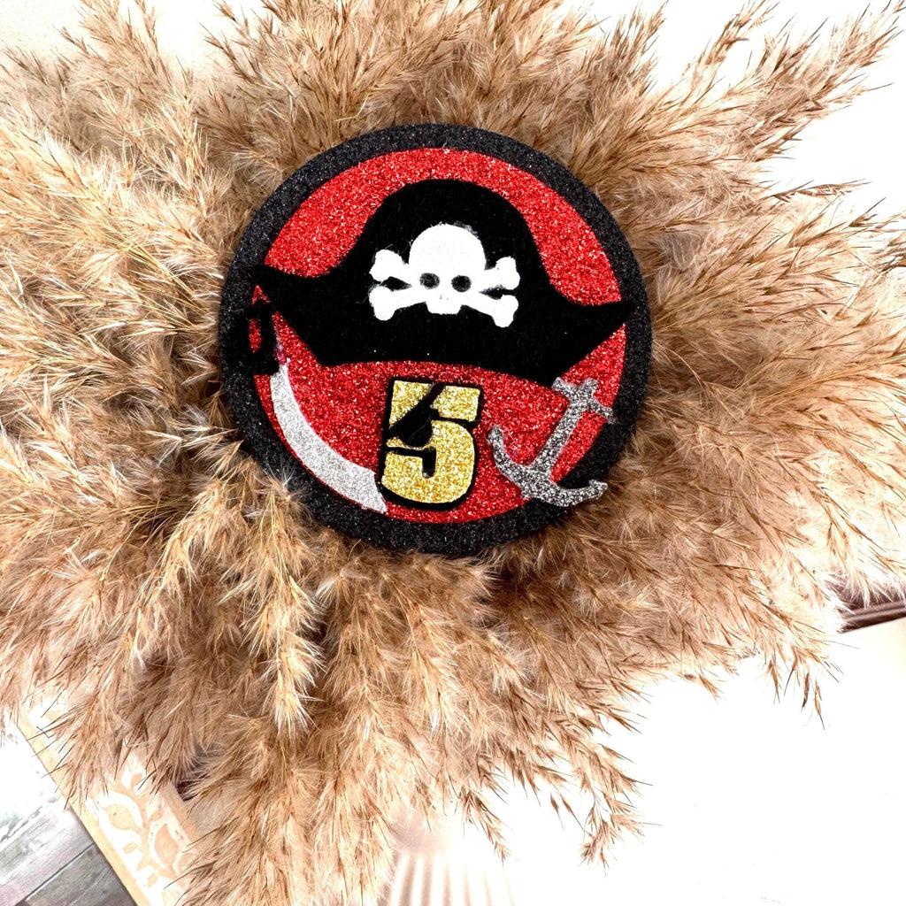 Pirate Birthday Badge for Kids Glittery Any Age Party Badge Pirate Theme Party Accessory  Handmade Birthday Pin  Boys Birthday Outfit Add-on