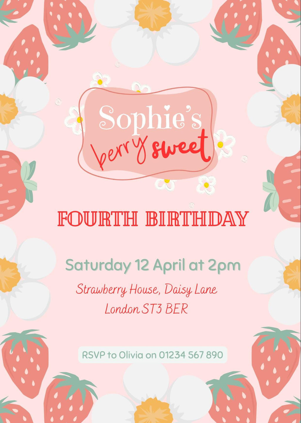 Strawberry Daisy Birthday Party Invitation | Printable Strawberry Invite | Girl’s Birthday | Editable Template | Daisy Party Invitation