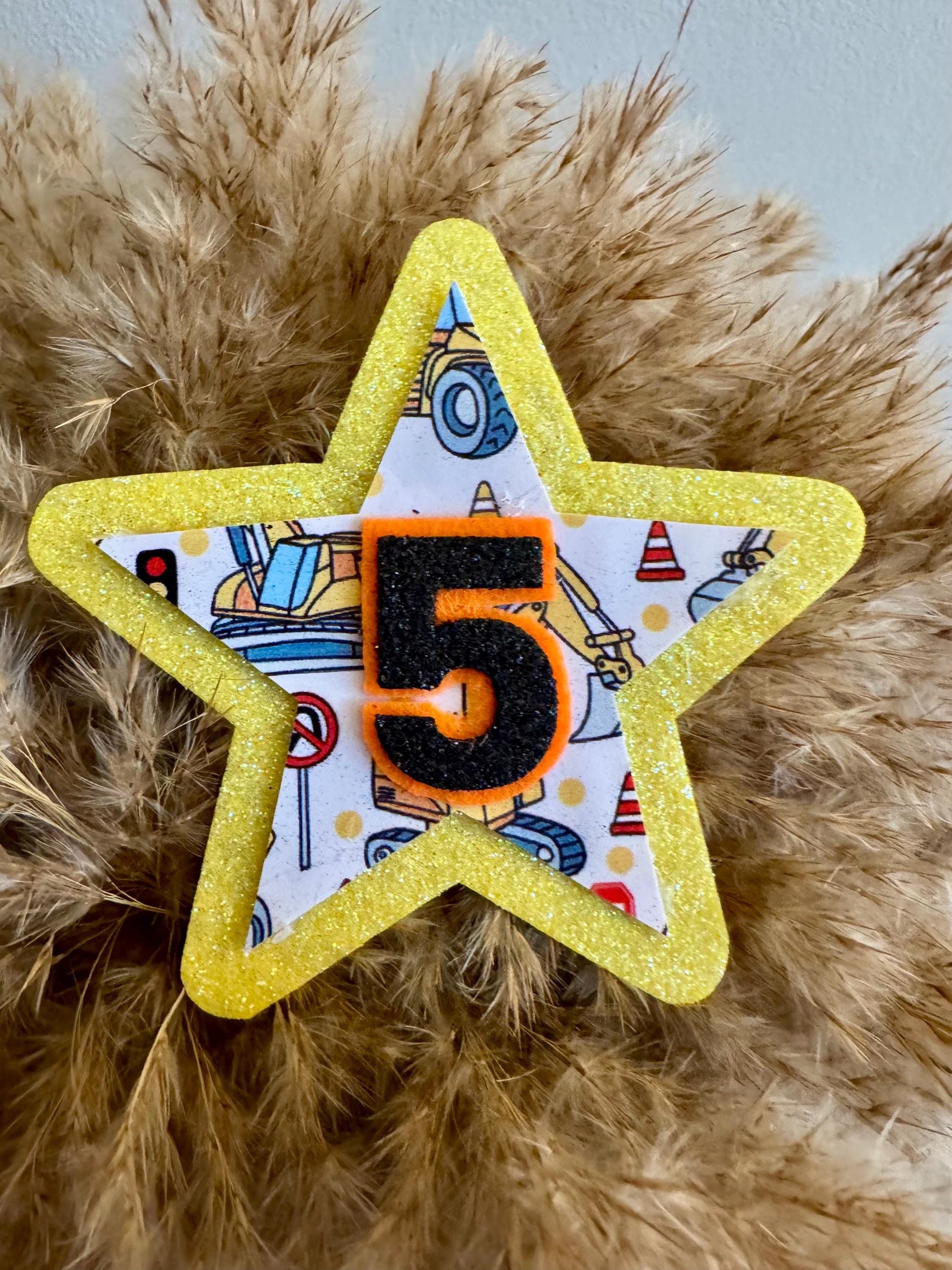 Construction Diggers Birthday Badge – Glitter Star Any Age Party Accessory – Boys Birthday Outfit – Construction Party Decoration - ANY AGE