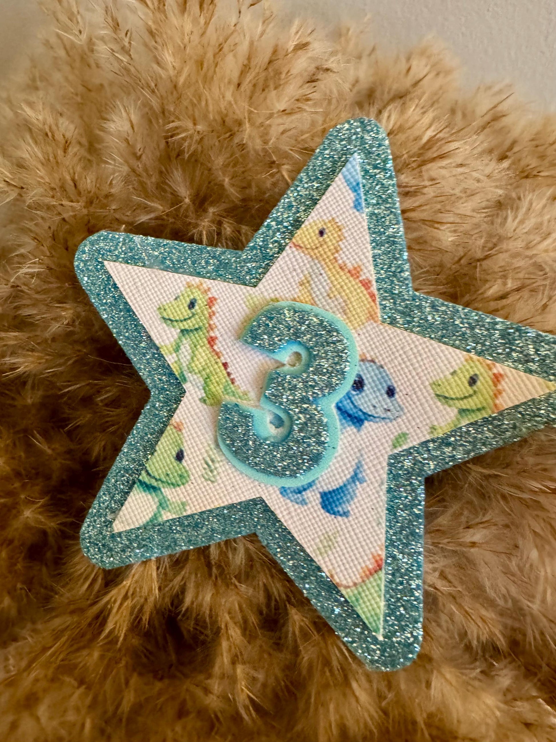 Dinosaur Birthday Badge - Boys 3rd Birthday Party Pin - Blue Glitter Star Birthday Button - Dino Party Outfit Accessory