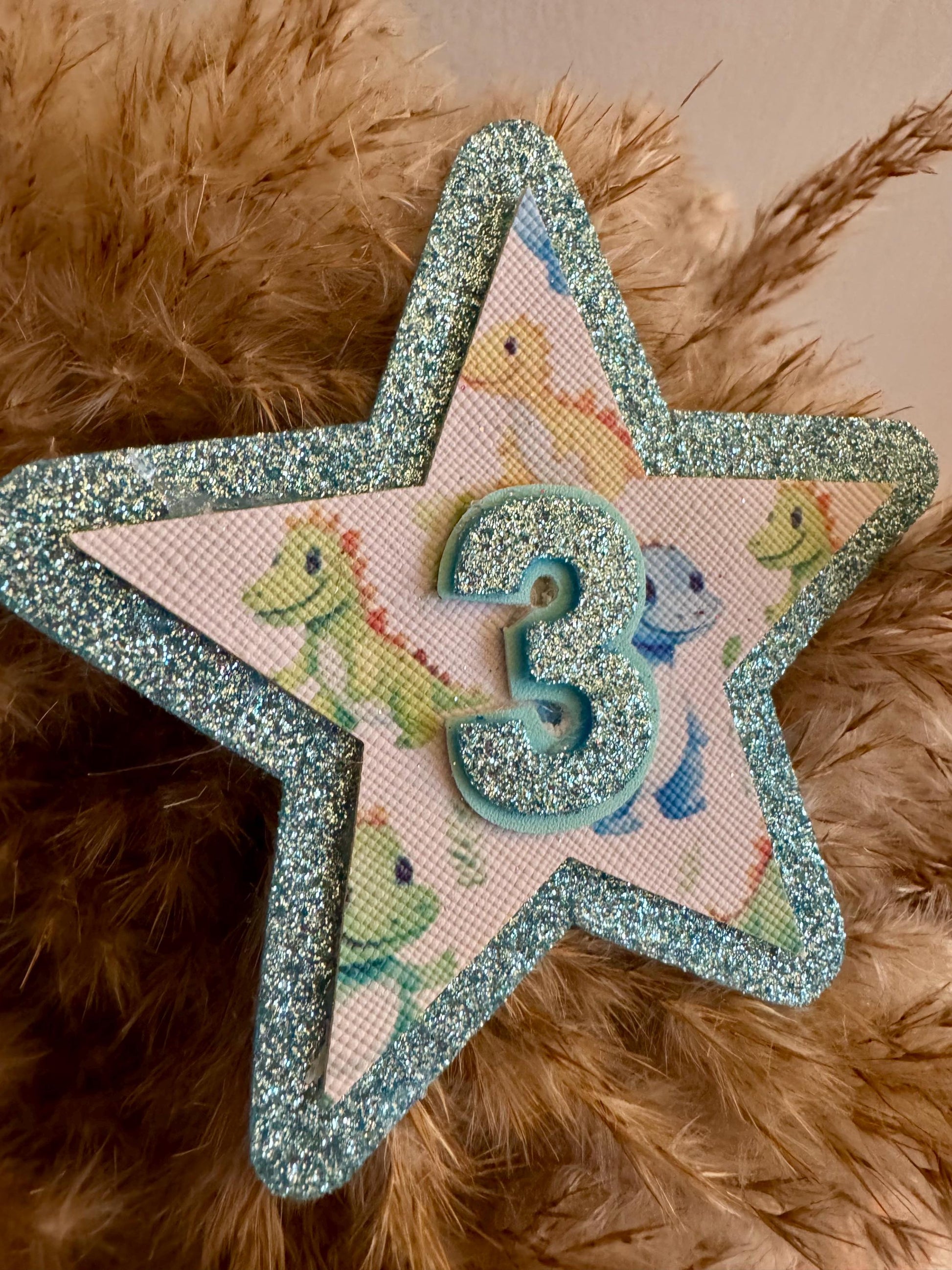 Dinosaur Birthday Badge - Boys 3rd Birthday Party Pin - Blue Glitter Star Birthday Button - Dino Party Outfit Accessory
