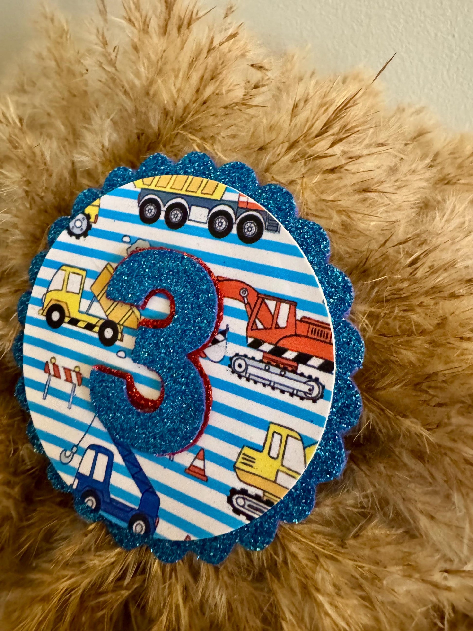 Truck Theme Birthday Badge - Boys Third Birthday Pin - Blue Glitter Construction Party Favor - ANY AGE digger birthday badge