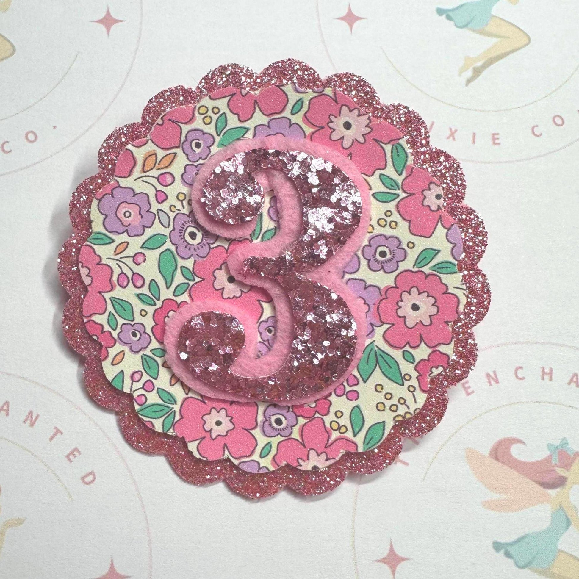 Personalised Glitter Birthday Badge – Any Age –  Floral Party Badge – Handmade Birthday for Girls – Ditsy Floral Badge - Liberty Style Badge