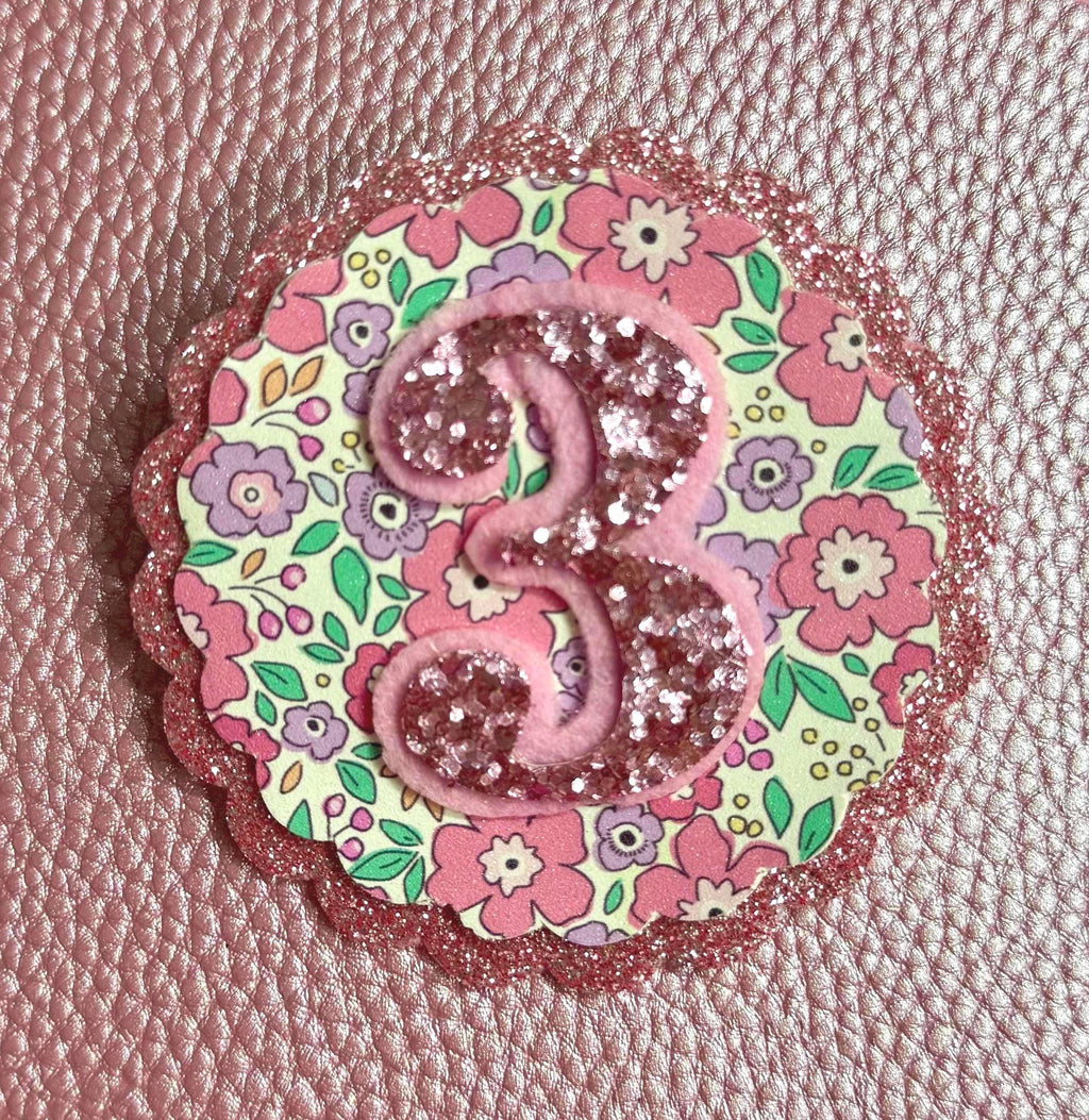 Personalised Glitter Birthday Badge – Any Age –  Floral Party Badge – Handmade Birthday for Girls – Ditsy Floral Badge - Liberty Style Badge