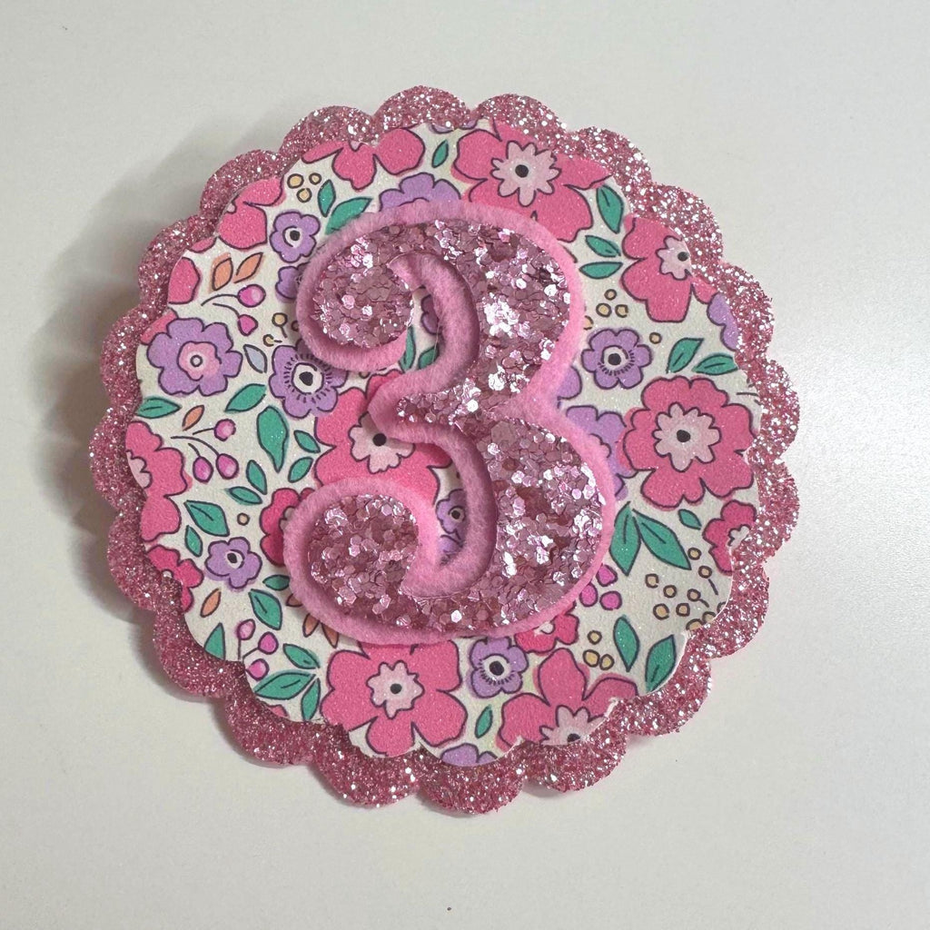 Personalised Glitter Birthday Badge – Any Age –  Floral Party Badge – Handmade Birthday for Girls – Ditsy Floral Badge - Liberty Style Badge