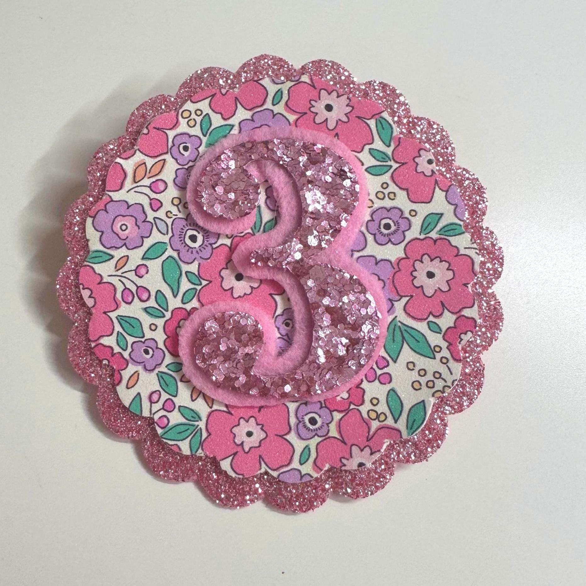 Personalised Glitter Birthday Badge – Any Age –  Floral Party Badge – Handmade Birthday for Girls – Ditsy Floral Badge - Liberty Style Badge