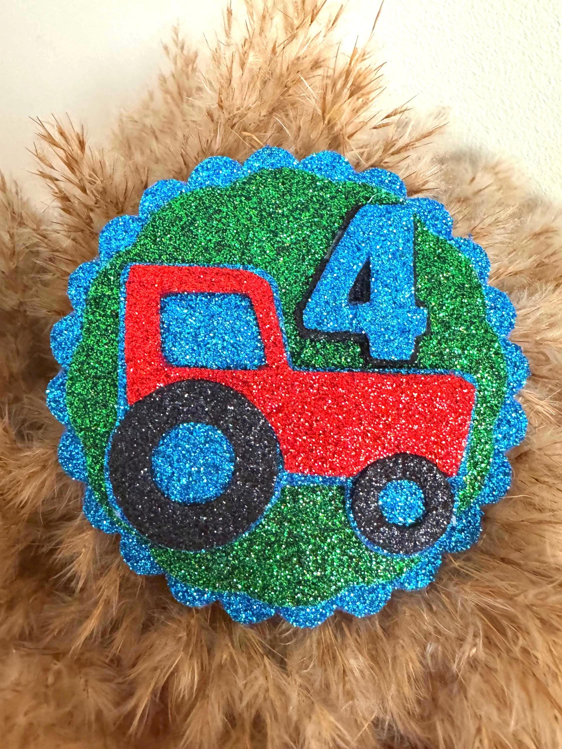 Tractor Theme Birthday Badge - Boys Birthday Badge - Blue and Green Glitter Keepsake Party Favour - ANY AGE Tractor Farn birthday badge