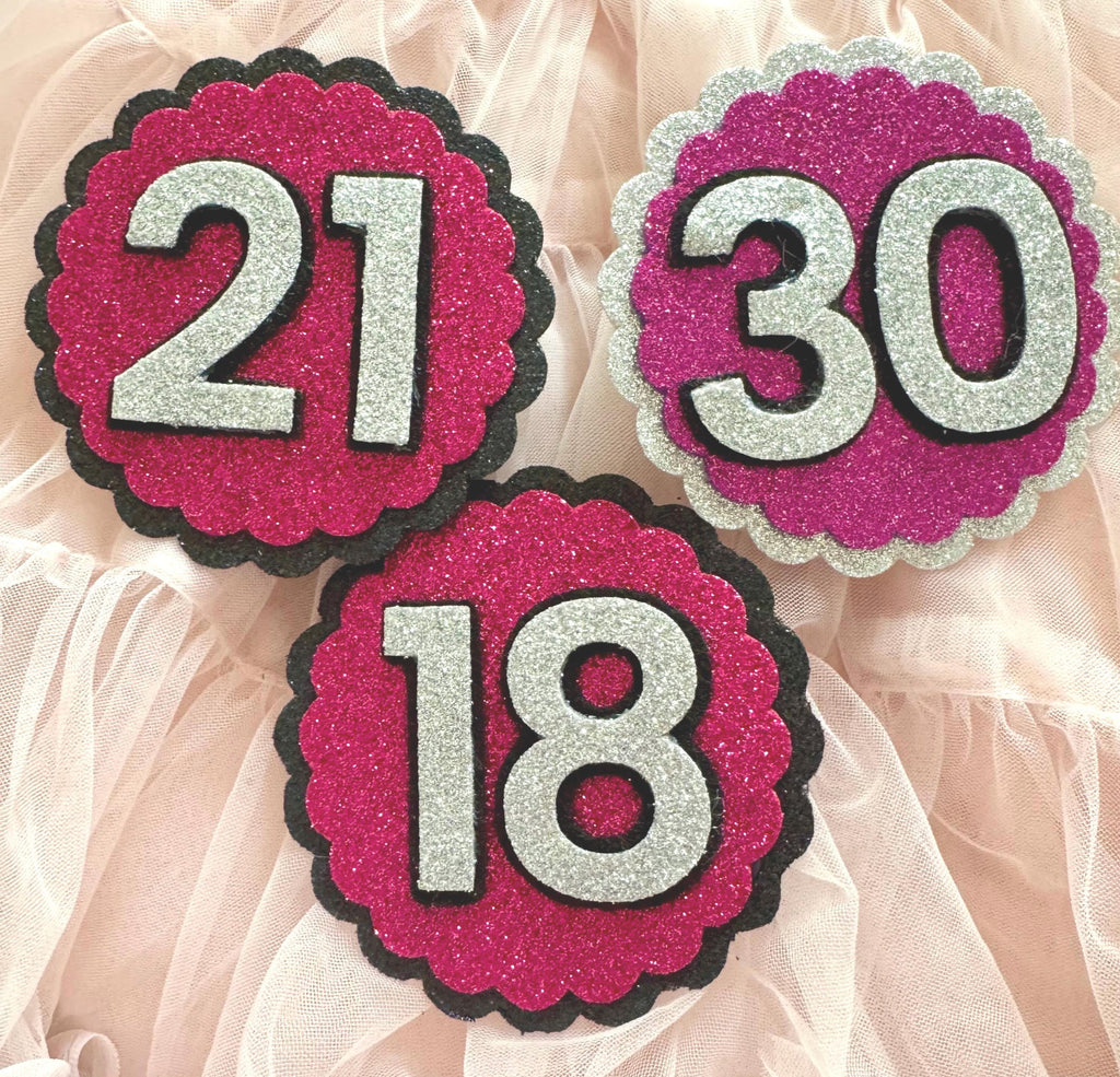 Glitter Birthday Badges - 18th, 21st, 30th Birthday Party Accessories - Sparkly Milestone Birthday Pins - Pink & Silver Celebration Badges
