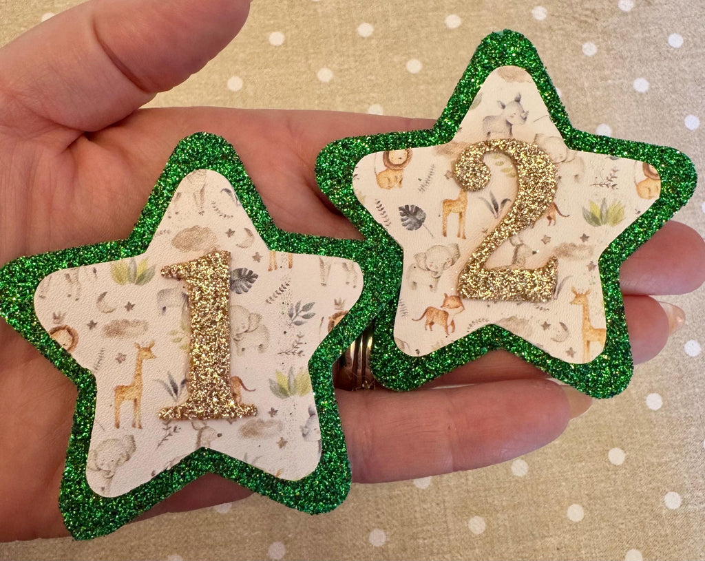 Safari Jungle Birthday Badge for Baby or Toddler – 1st or 2nd Birthday Pin – Green Glitter Star – Animal Theme Party – Handmade Keepsake