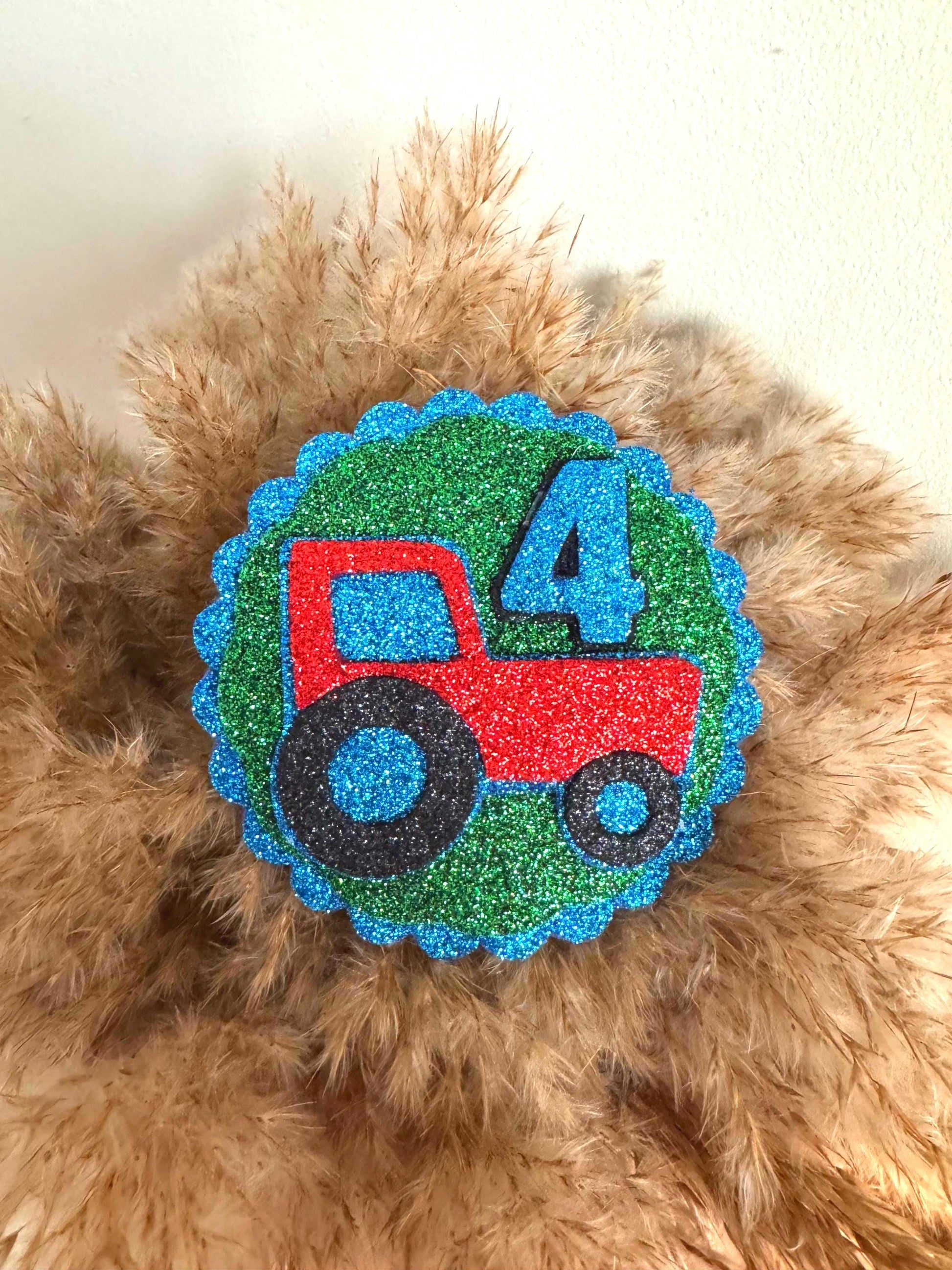 Tractor Theme Birthday Badge - Boys Birthday Badge - Blue and Green Glitter Keepsake Party Favour - ANY AGE Tractor Farn birthday badge