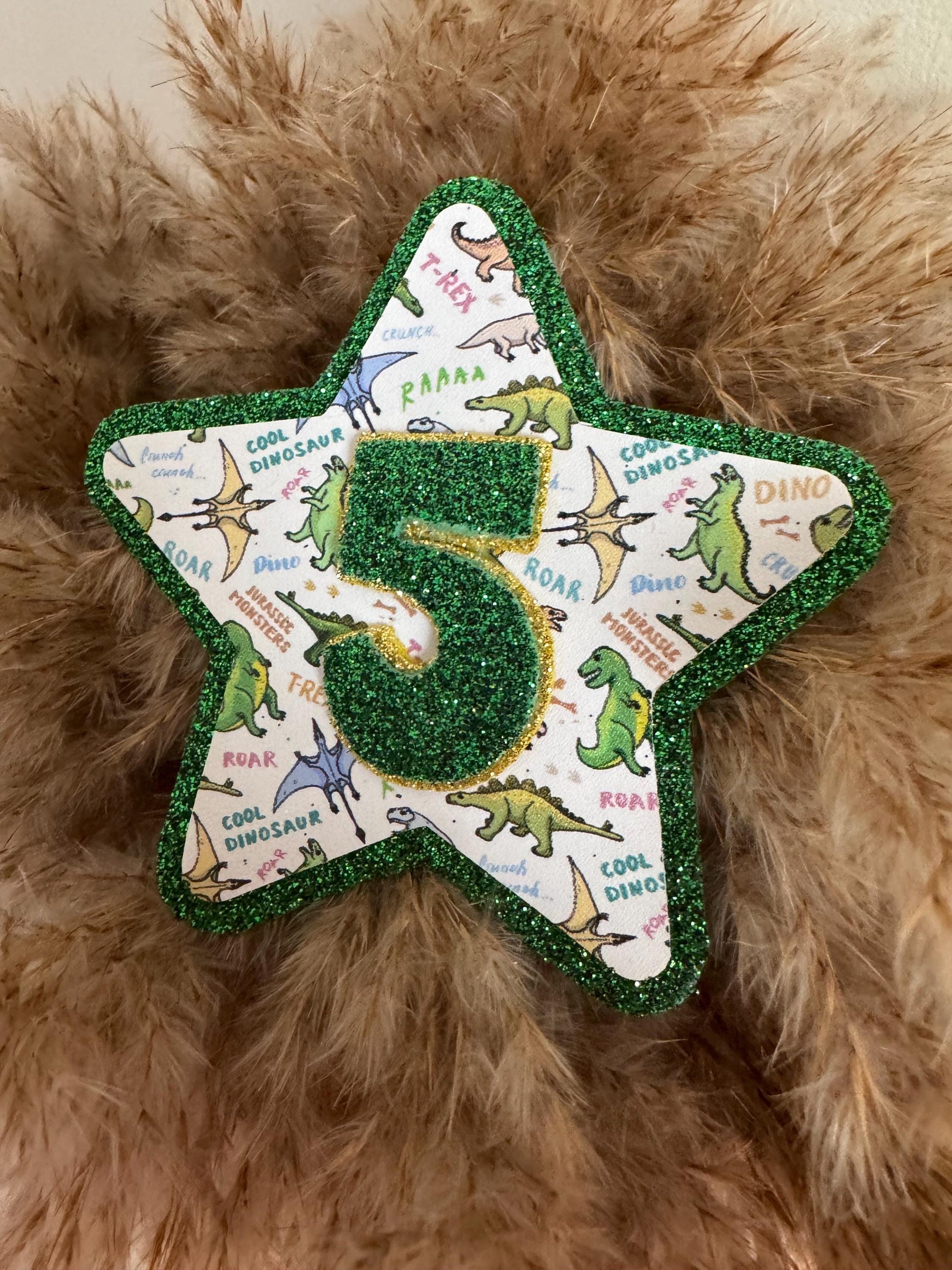 Custom Dinosaur Birthday Badge - Personalised Glitter Felt Star Badge - Kids Birthday Accessory - Handmade Birthday Pin - Dino Party Favour