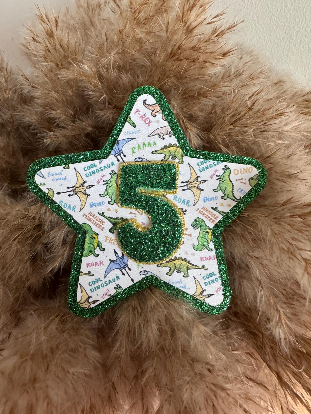 Custom Dinosaur Birthday Badge - Personalised Glitter Felt Star Badge - Kids Birthday Accessory - Handmade Birthday Pin - Dino Party Favour